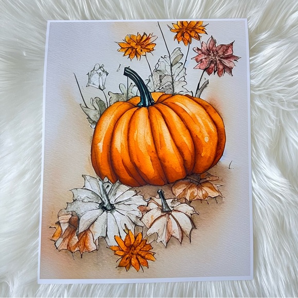 Wall Art Watercolor Floral Pumpkins Print Poster Card Unframed - Picture 7 of 12